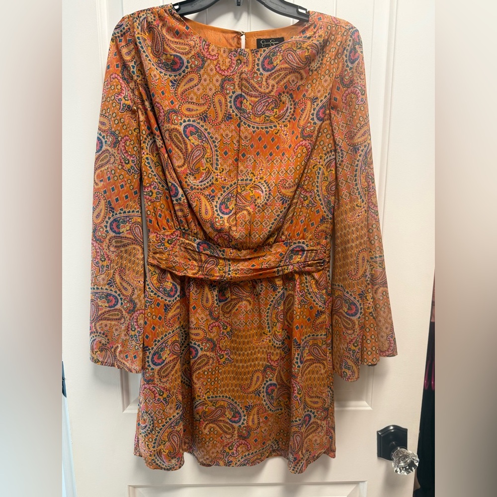 Jessica Simpson Amella trumpet sleeve dress combo paisley print size medium